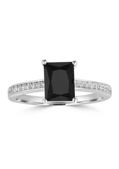 Sterling Silver Rectangular Black Cubic Zirconia and White Band Ring