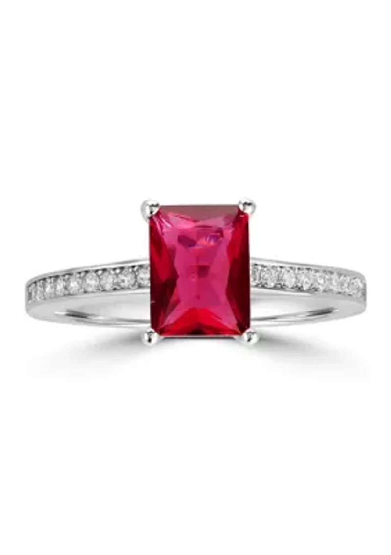 Sterling Silver Rectangular Ruby Cubic Zirconia and White Band Ring