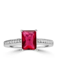 Sterling Silver Rectangular Ruby Cubic Zirconia and White Band Ring