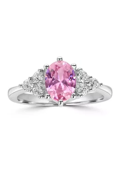 Sterling Silver Oval Cut Pink Cubic Zirconia and Trillion White Ring