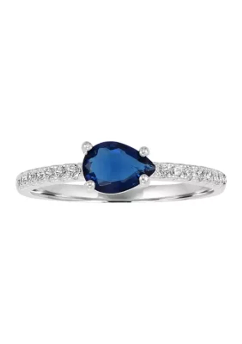 Sterling Silver Pear Shaped Blue Sapphire Cubic Zirconia and White Ring