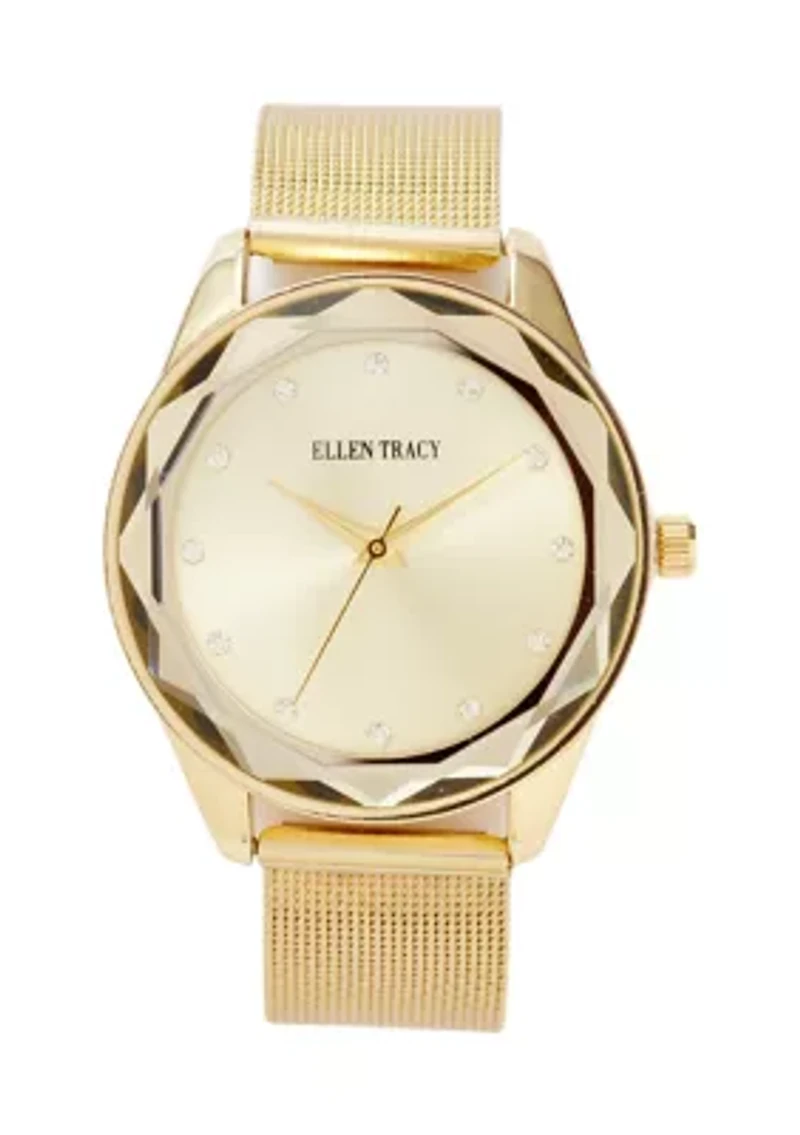 Women's Gold Tone Faceted Bezel Mesh Watch