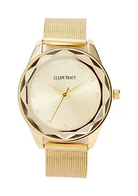 Women's Gold Tone Faceted Bezel Mesh Watch 