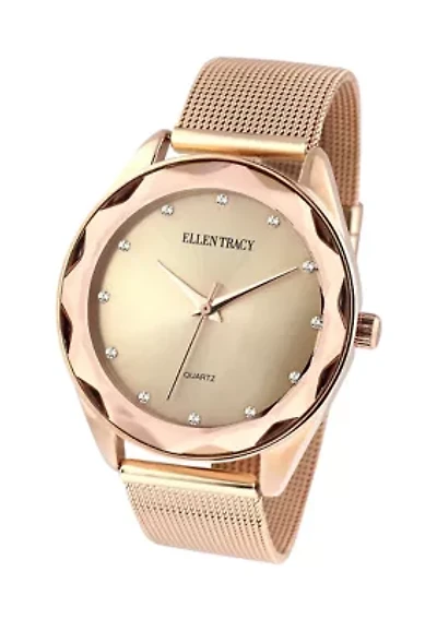 Rose Gold Tone Faceted Bezel Adjustable Mesh Watch 
