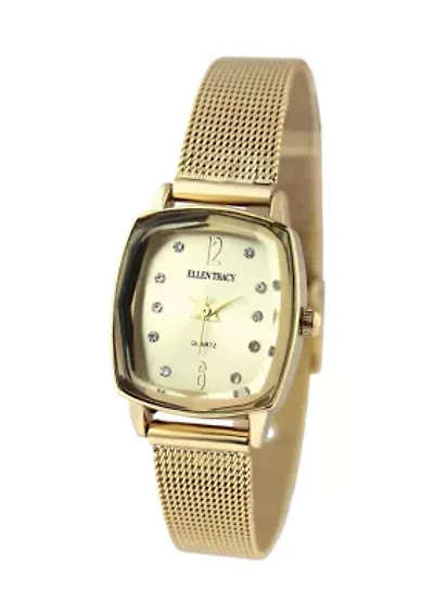 Gold Tone Faceted Bezel Crystal Accent Adjustable Mesh Watch 