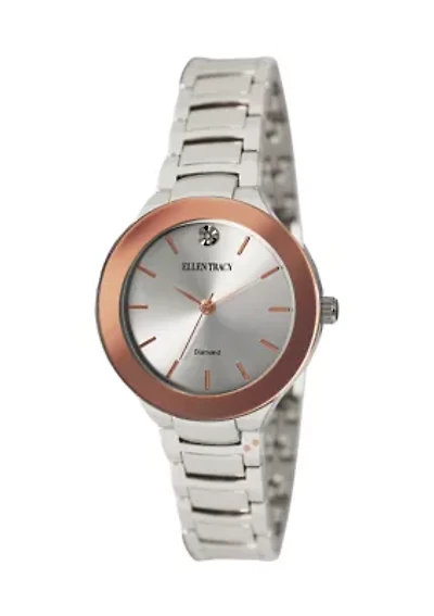 Silver Tone Rose Bezel Genuine Diamond Dial Bracelet Watch 