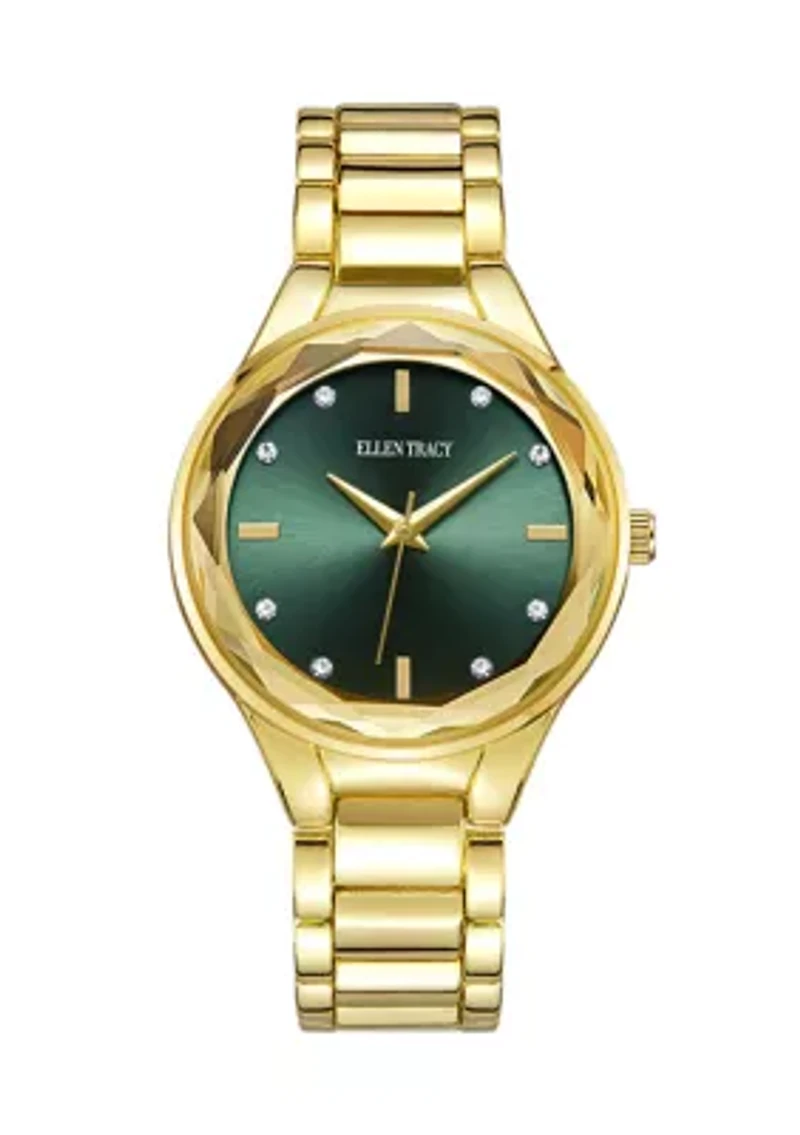 Gold Tone Faceted Bezel Green Dial Bracelet Watch
