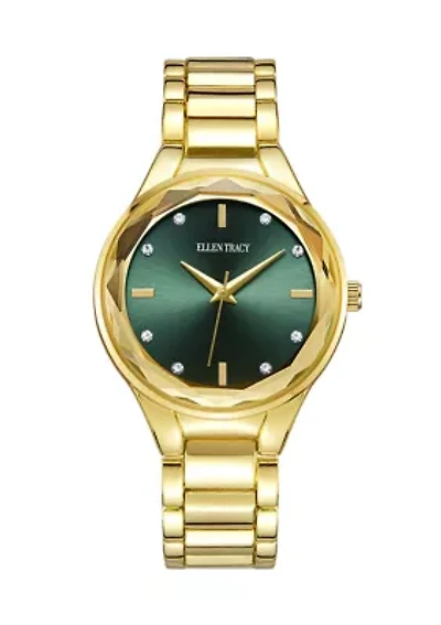 Gold Tone Faceted Bezel Green Dial Bracelet Watch