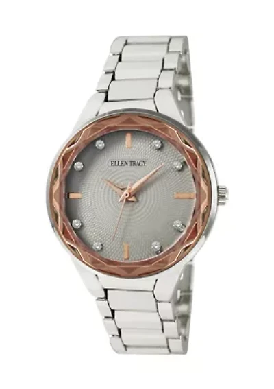Silver Tone Rose Gold Faceted Bezel Crystal Accent Bracelet Watch 