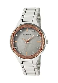 Silver Tone Rose Gold Faceted Bezel Crystal Accent Bracelet Watch 