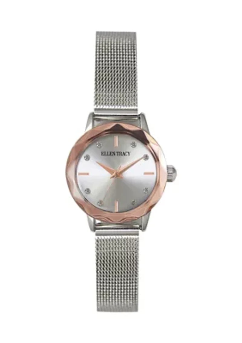 Silver Tone Faceted Rose Tone Bezel Crystal Accent Adjustable Mesh Watch