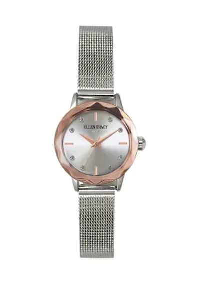 Silver Tone Faceted Rose Tone Bezel Crystal Accent Adjustable Mesh Watch 
