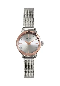 Silver Tone Faceted Rose Tone Bezel Crystal Accent Adjustable Mesh Watch 