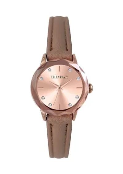 Rose Gold Tone Faceted Bezel Brown Strap Watch 