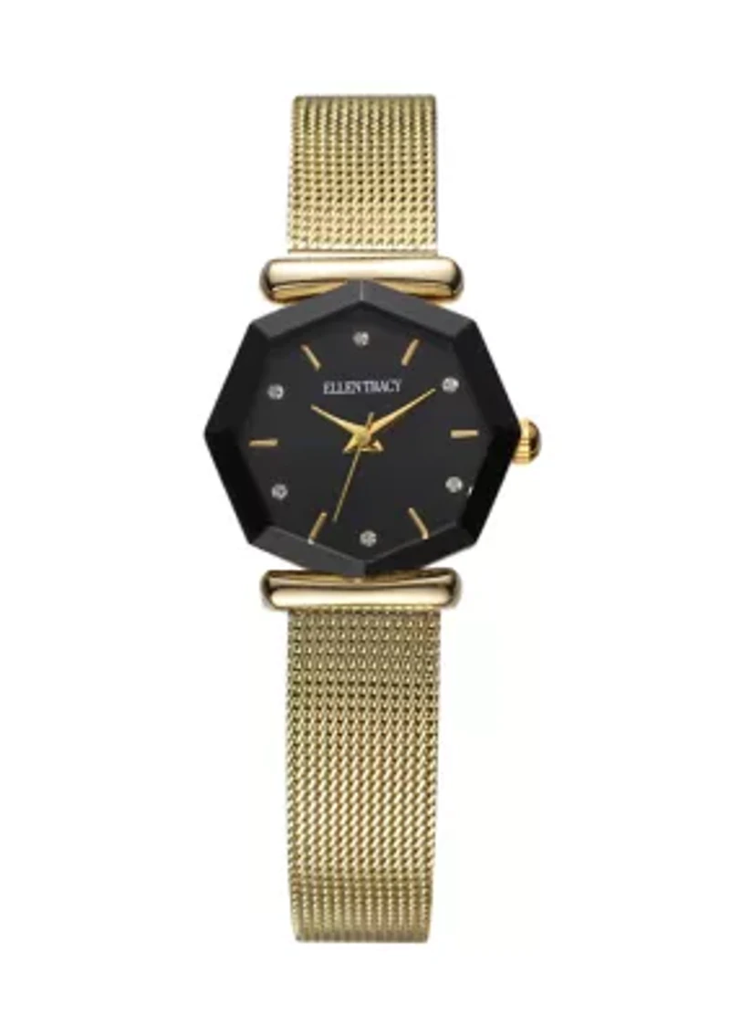 Gold Tone Black Faceted Bezel Mini Mesh Watch