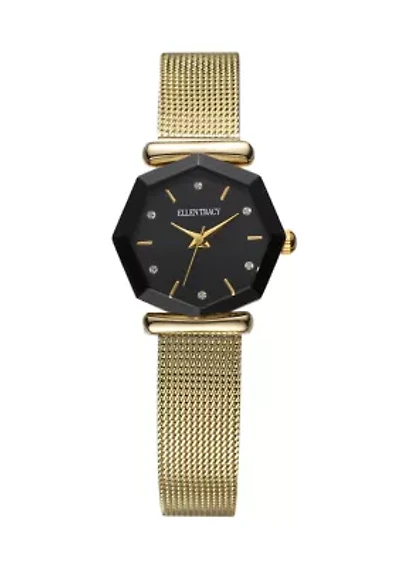 Gold Tone Black Faceted Bezel Mini Mesh Watch