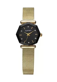 Gold Tone Black Faceted Bezel Mini Mesh Watch