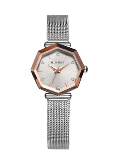Silver Tone Rose Faceted Bezel Mini Mesh Watch