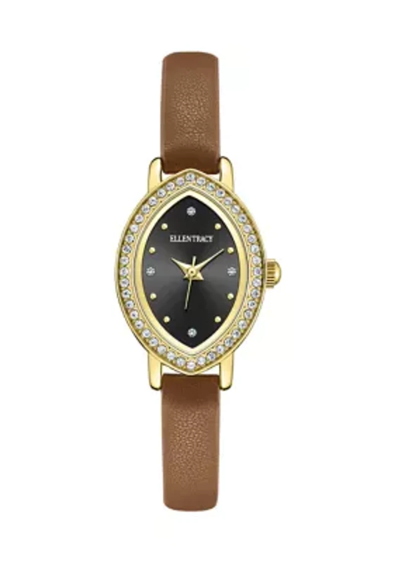 Gold Tone Crystal Marquise Brown Strap Watch