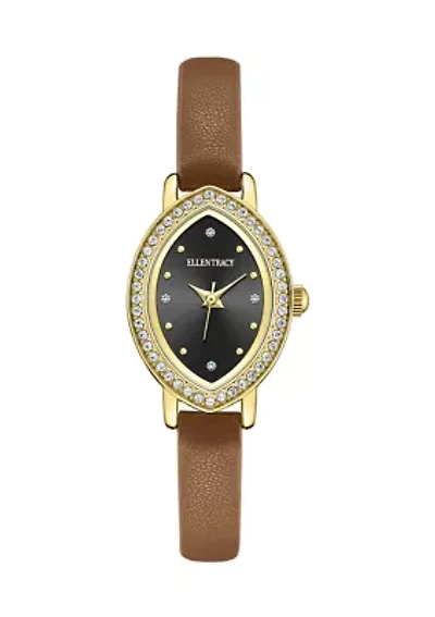 Gold Tone Crystal Marquise Brown Strap Watch