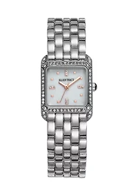 Silver Tone Mother of Pearl Square Mini Bracelet Watch
