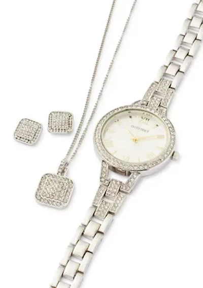 Womens Crystal Pave Necklace Button Earrings And Watch Set