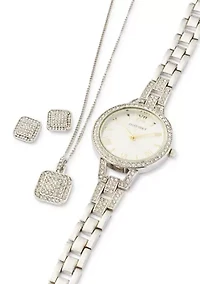 Womens Crystal Pave Necklace Button Earrings And Watch Set
