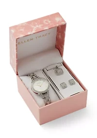 Womens Crystal Pave Necklace Button Earrings And Watch Set