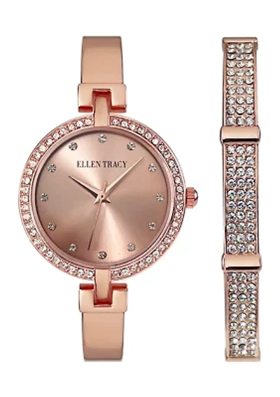 Rose Gold Tone Crystal Watch & Bracelet Set