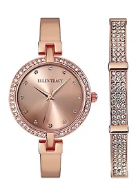 Rose Gold Tone Crystal Watch & Bracelet Set