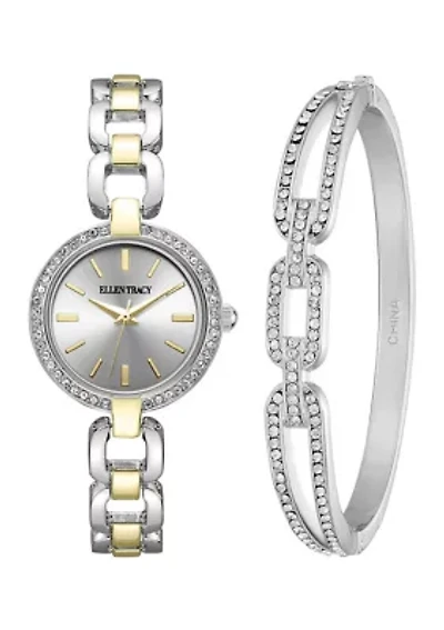 Women's Pave Bracelet and Two-Tone Analog Watch Set 