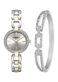 Women's Pave Bracelet and Two-Tone Analog Watch Set 