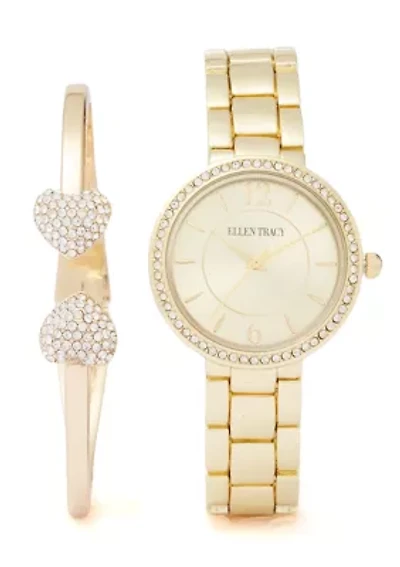 Gold Tone Watch and Heart Cuff Bracelet Set