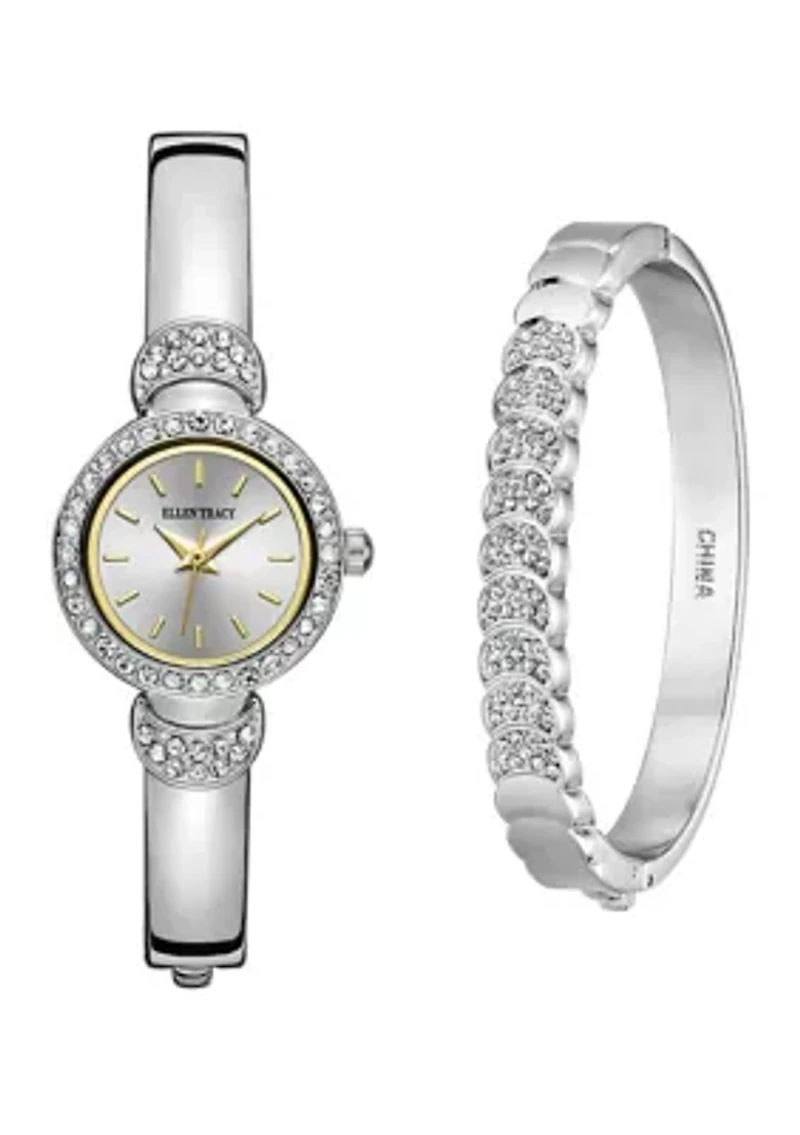 Silver Tone Mini Bangle Bracelet Watch Set