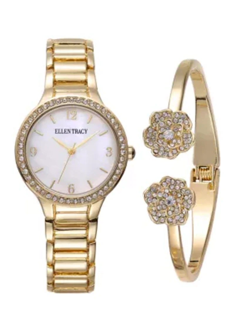 Gold Tone Watch and Flower Bracelet Set