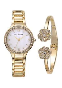 Gold Tone Watch and Flower Bracelet Set
