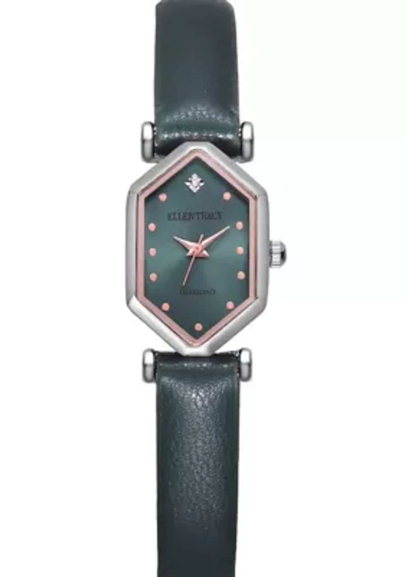 Silver Tone Genuine Diamond Dial Green Strap Watch