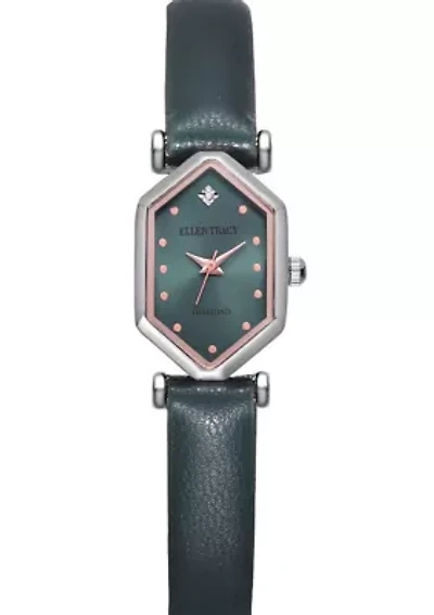Silver Tone Genuine Diamond Dial Green Strap Watch