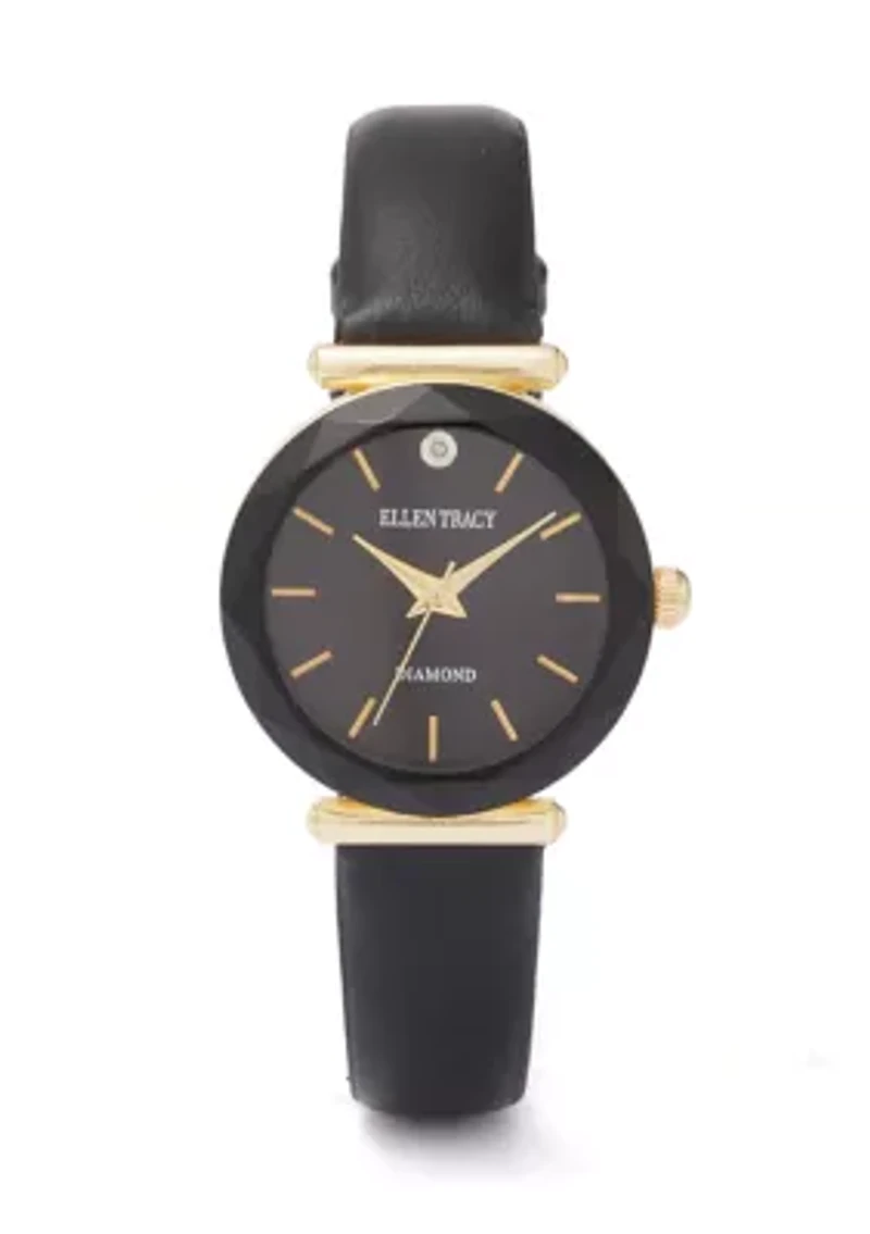Gold Tone Marquis Crystal Black Strap Watch