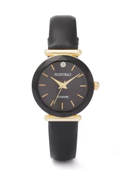 Gold Tone Marquis Crystal Black Strap Watch