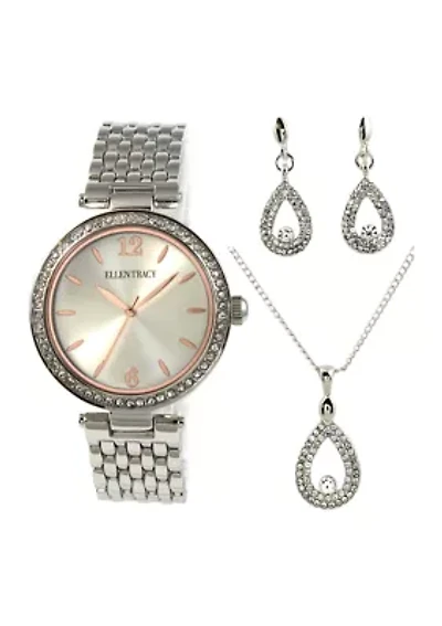Silver Tone Crystal Watch, Necklace, & Earrings Set