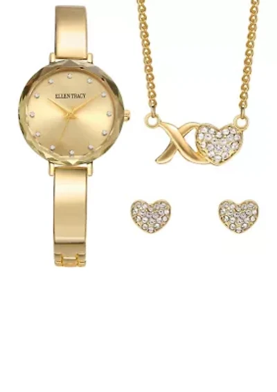 Gold Tone Faceted Bezel Watch Jewelry Set