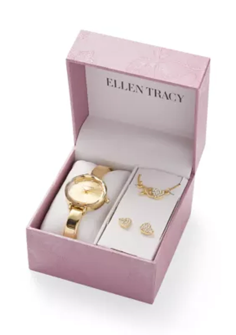 Gold Tone Faceted Bezel Watch Jewelry Set