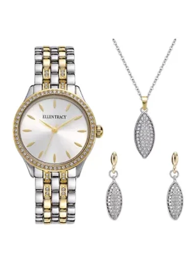 Women's Two-Tone Pave Necklace Earring and Watch Set