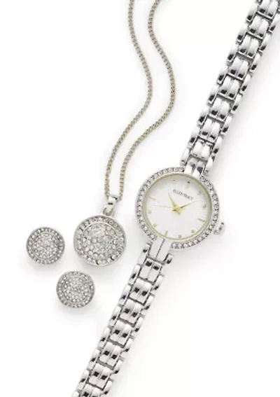 Women's Crystal Watch with Button Earring and Pendant Necklace Set
