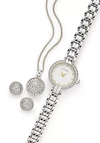 Women's Crystal Watch with Button Earring and Pendant Necklace Set