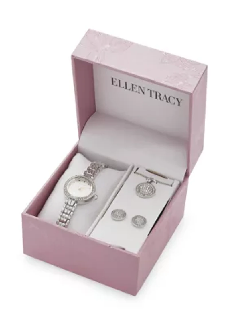 Women's Crystal Watch with Button Earring and Pendant Necklace Set