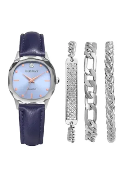 Silver Tone Genuine Diamond Dial Faceted Bezel Watch and Bracelet Set