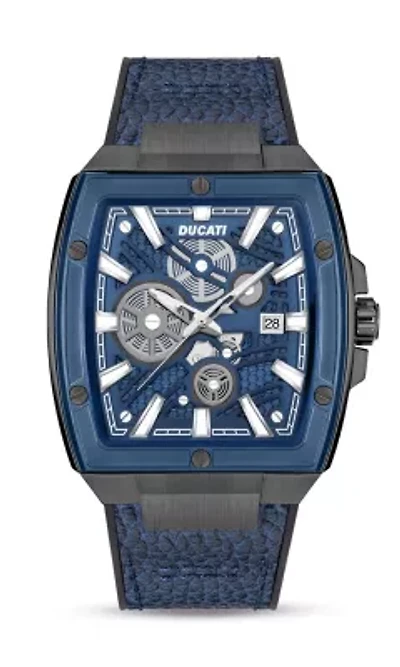 Automated Quartz Analog Watch With Blue Textured Leather Strap, Semi Transparent Dial 40Mm Case-DTWGB0000703
