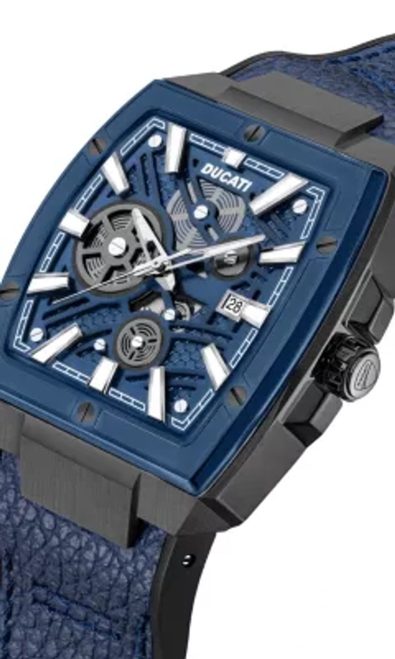 Automated Quartz Analog Watch With Blue Textured Leather Strap, Semi Transparent Dial 40Mm Case-DTWGB0000703